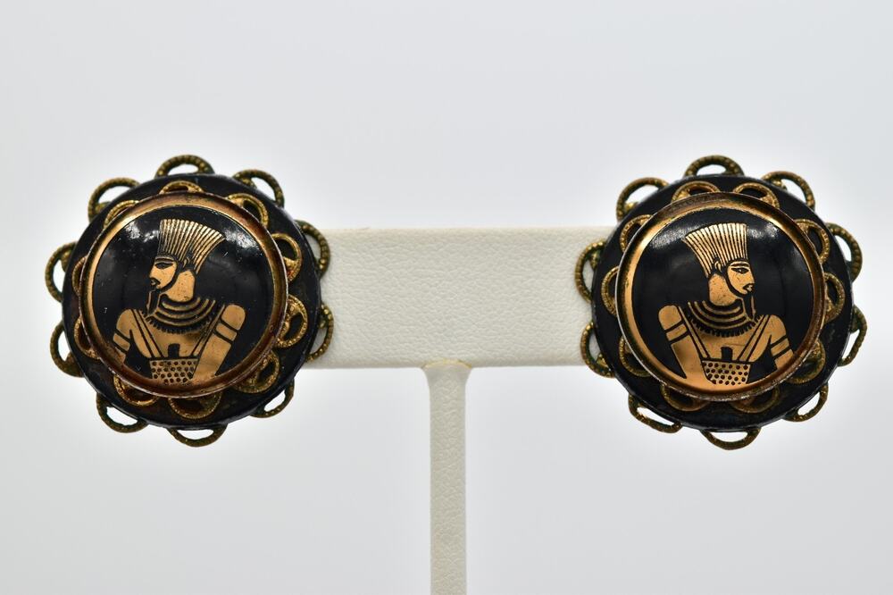 Vintage Egyptian Revival Pharaoh Screw Back Earrings Gold Black Brass 40s BinAZ